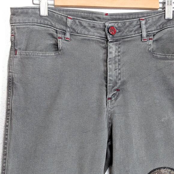 Elisa Cavaletti Pants Embellished Gray Skinny Jeans Crystal Patchwork Womens 12 - Picture 3 of 14